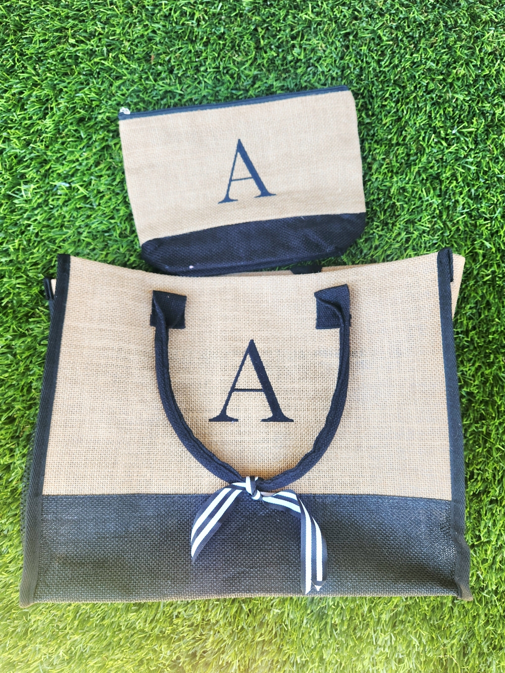 Monogram 'A' Natural and Black Jute Tote with Zip Pouch